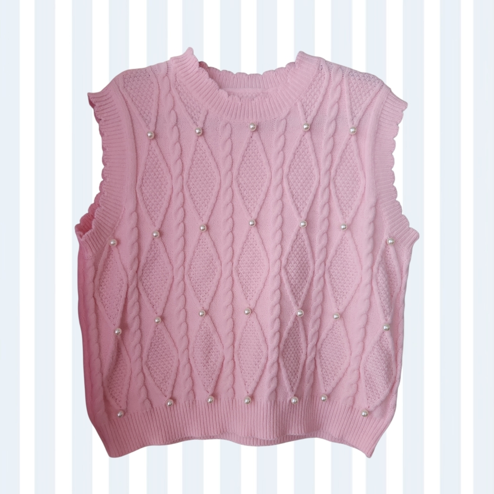 Pearl Embellished Cable knit Sweater w/scallop neckline